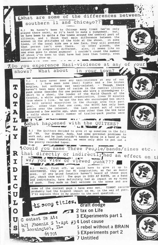 GWhat are some Of ti southern il and chicayo? St hove been o e Cow towns aroumd the central pact of i — e Grimmor, Andy, ‘mia_soms. perssea probie 4Could you name Three People/bands/zines etc.. that directly or indirectTyT Irhad an effect on ¢ o — e way you view of vitwed — e/ e #7532 tax on Life ot Us At 3 EXperiments part 1 8| Fhsontngtors T 5 rebel without a BRAIN e 5 EXperiments part 2 7 Untitled